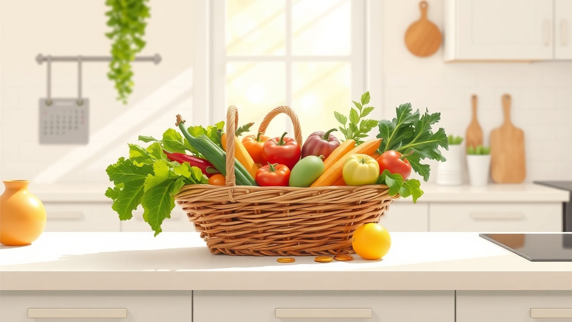 Illustration of a basket of fresh vegetables and fruit on a clean kitchen counter, soft morning light