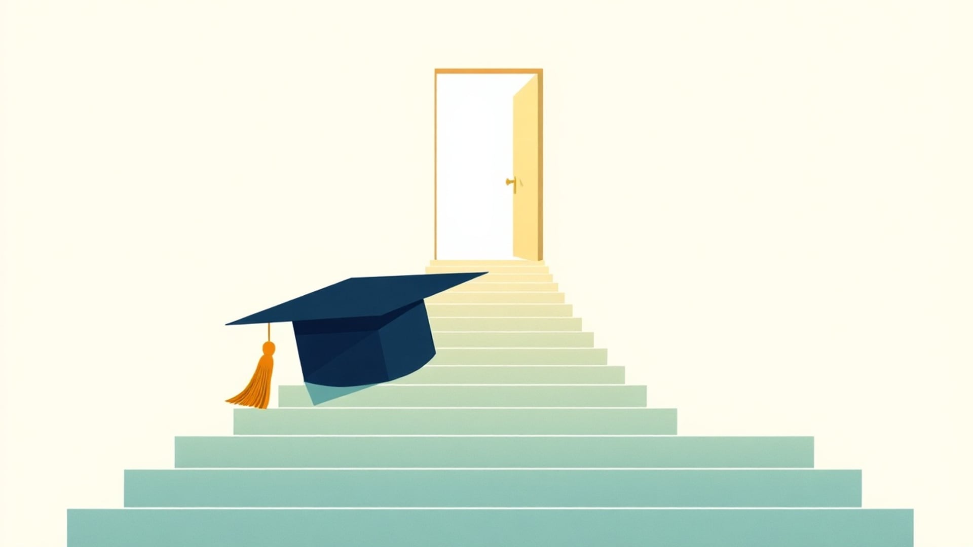 Illustration of a graduation cap resting on a long winding staircase that narrows toward an open door filled with light