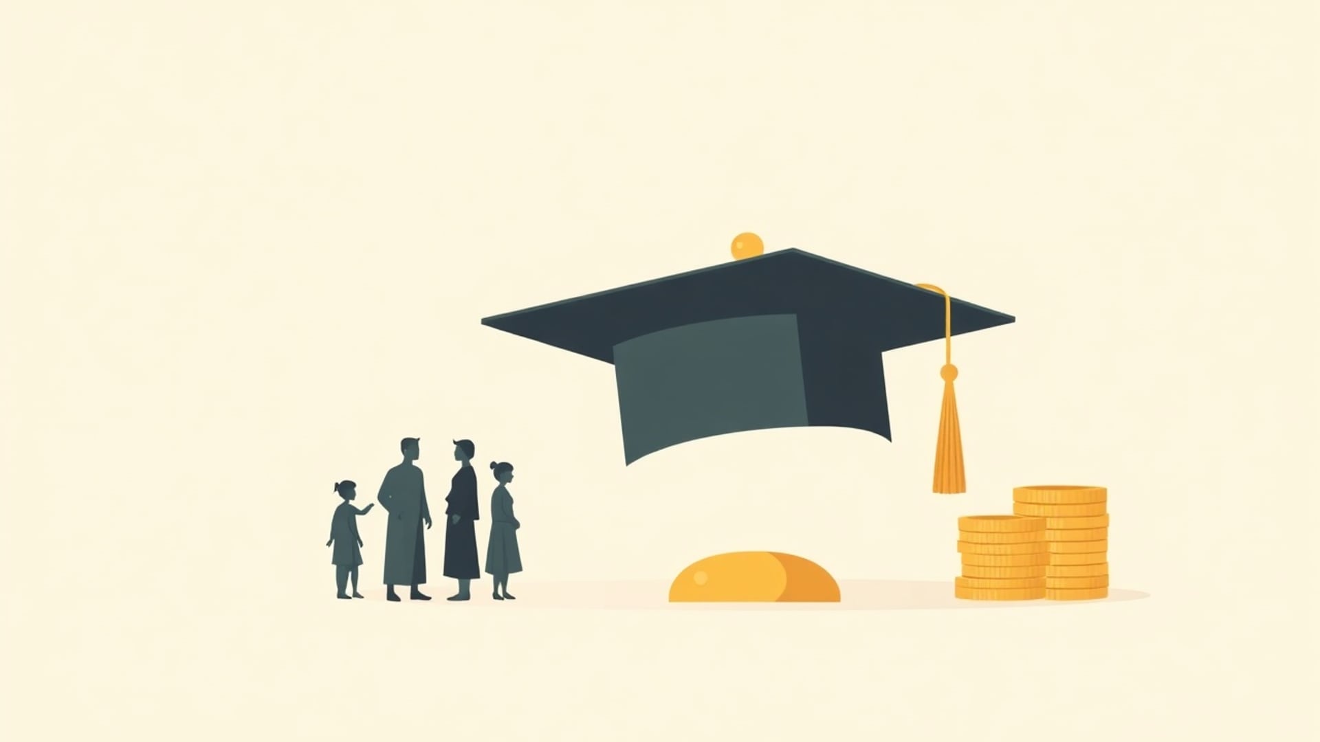 Illustration of a graduation cap floating above a stack of coins beside a small family of figures