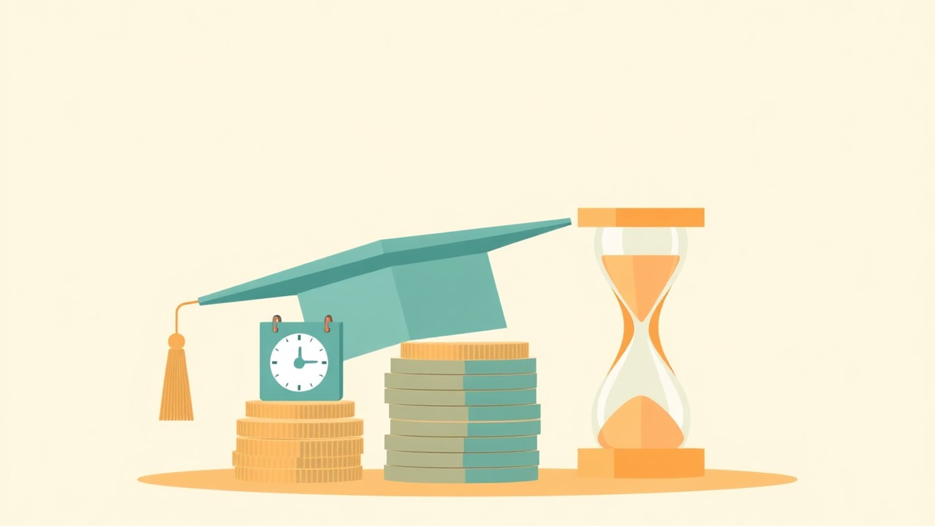 Illustration of a graduation cap resting on stacks of coins beside a small clock and an hourglass