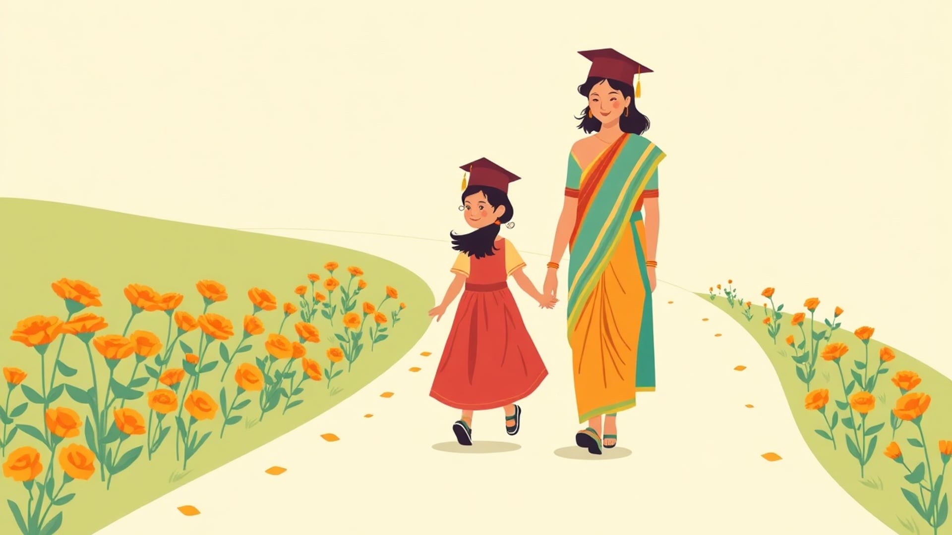 Illustration of a young Indian girl growing from toddler to graduate along a winding path lined with marigolds
