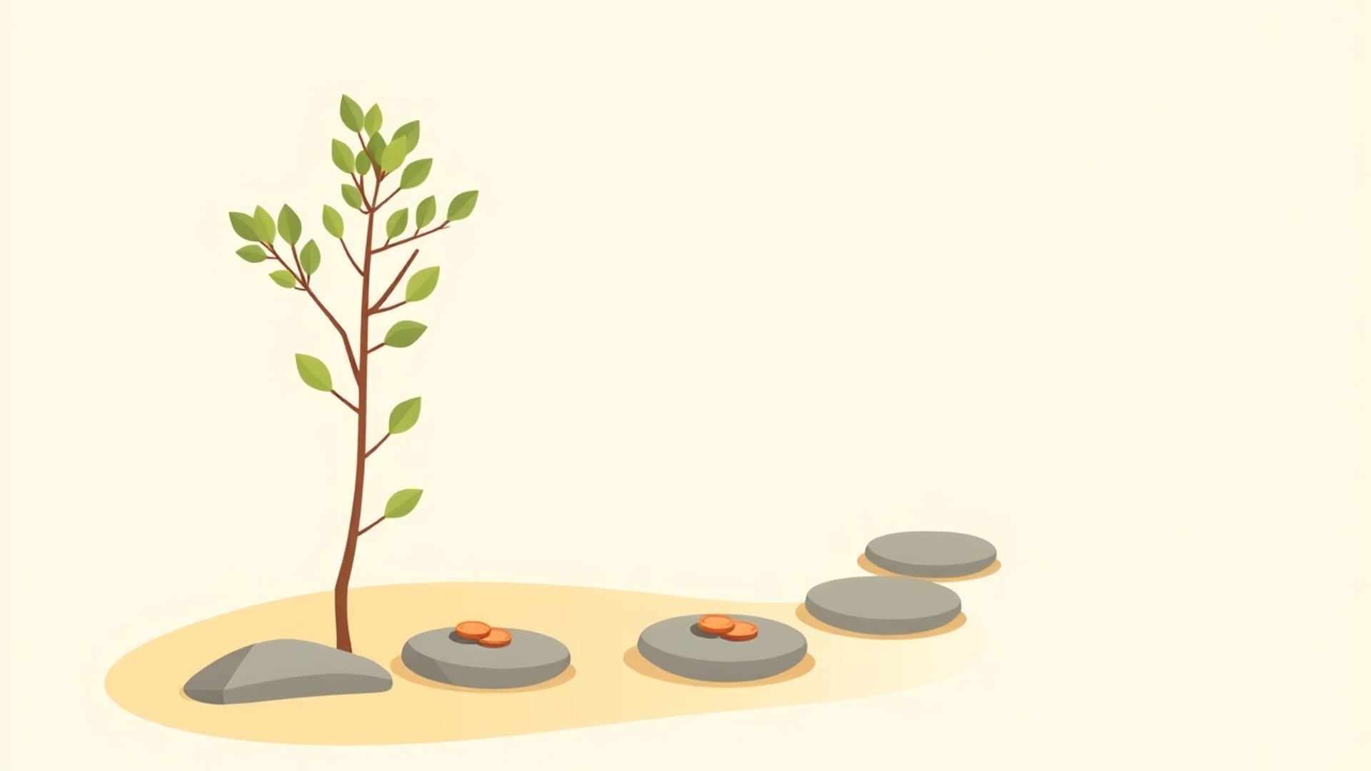 Illustration of a eucalyptus sapling growing into a tall tree beside a path of stepping stones