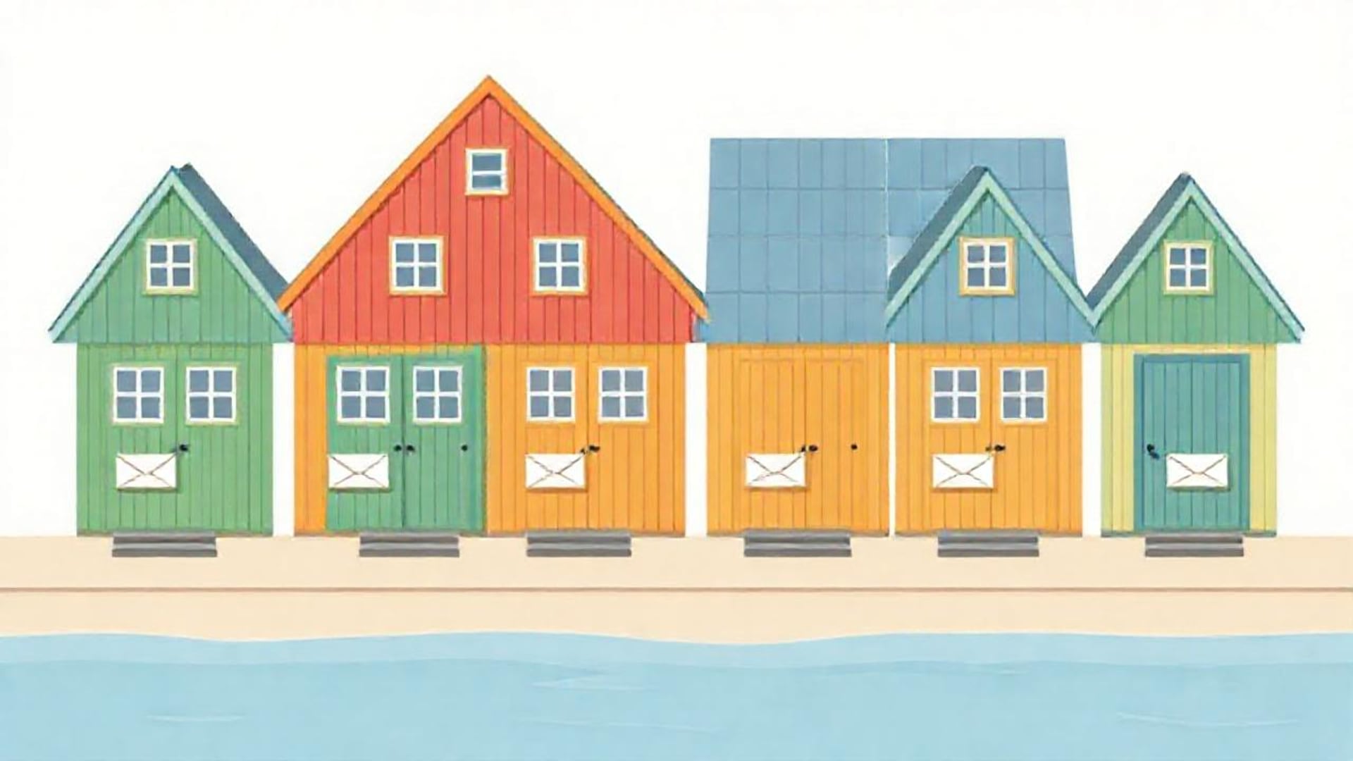 Illustration of a row of colourful Swedish wooden houses beside water