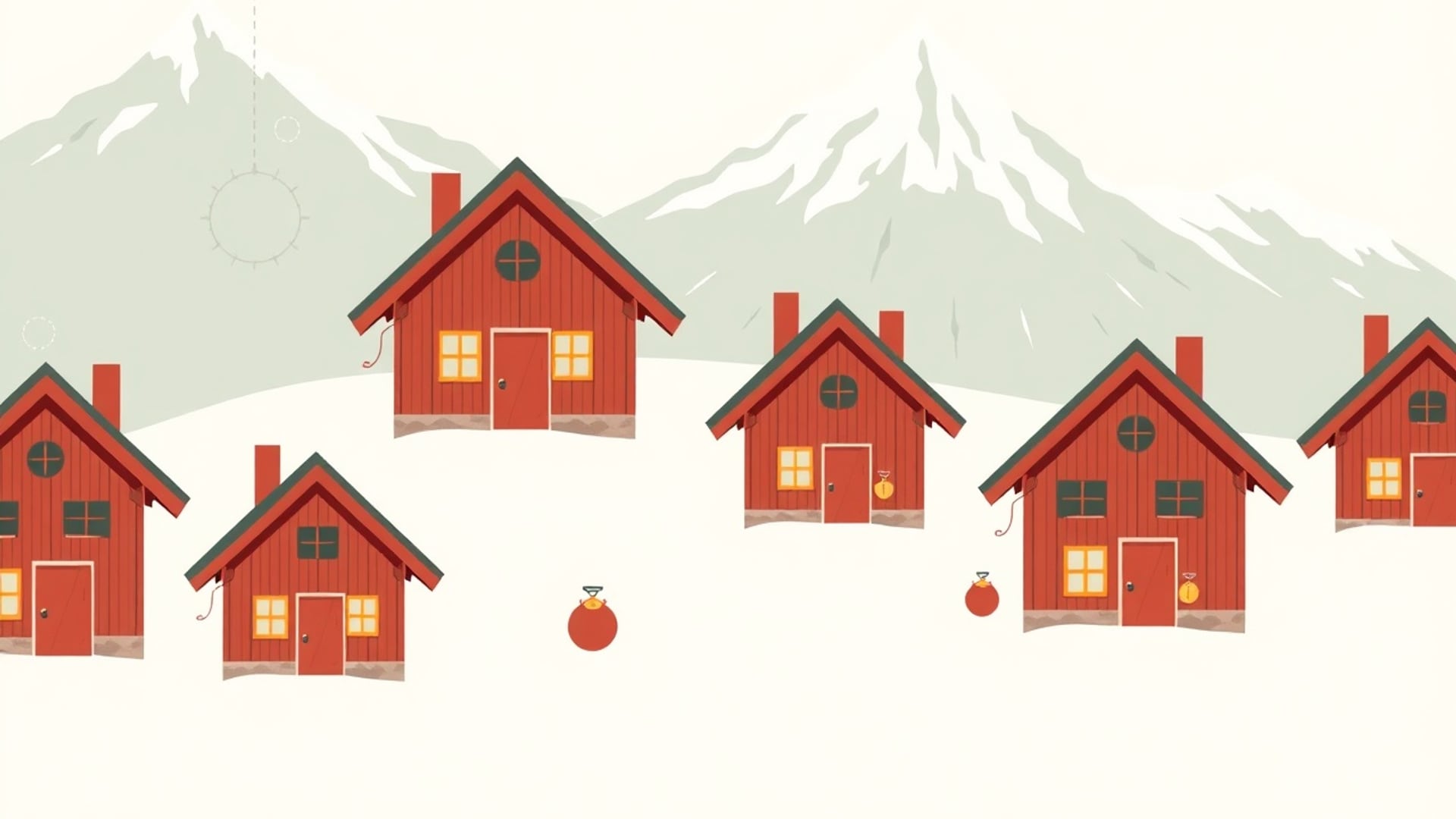 Illustration of six small Swiss chalets on a mountain slope, each with a coin purse of a different size hanging by the door