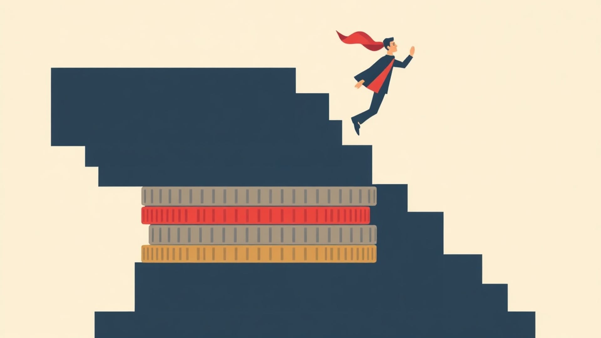 Illustration of a staircase of stacked British coins with one steep section where a figure climbs against a strong wind