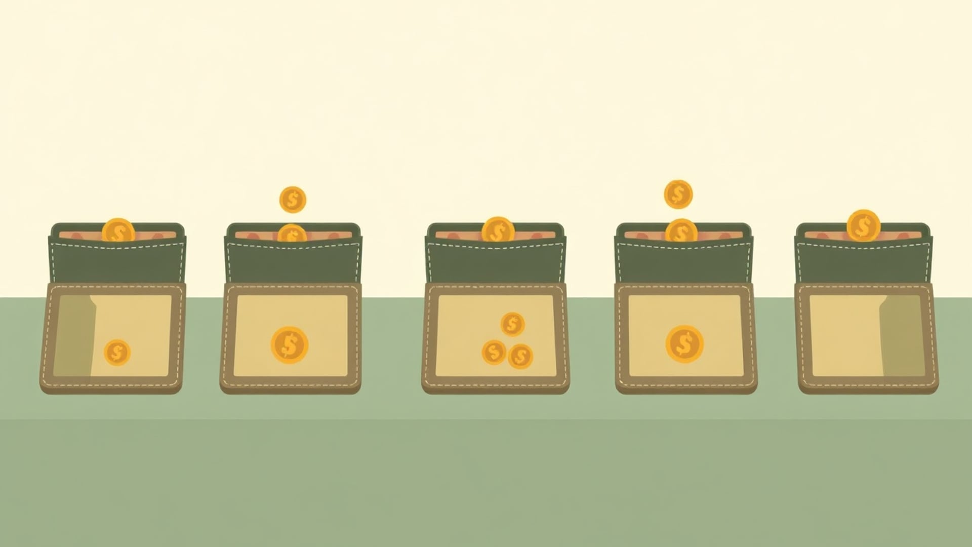 Illustration of a row of open wallets on a long table, coins being lifted out of each by small hands