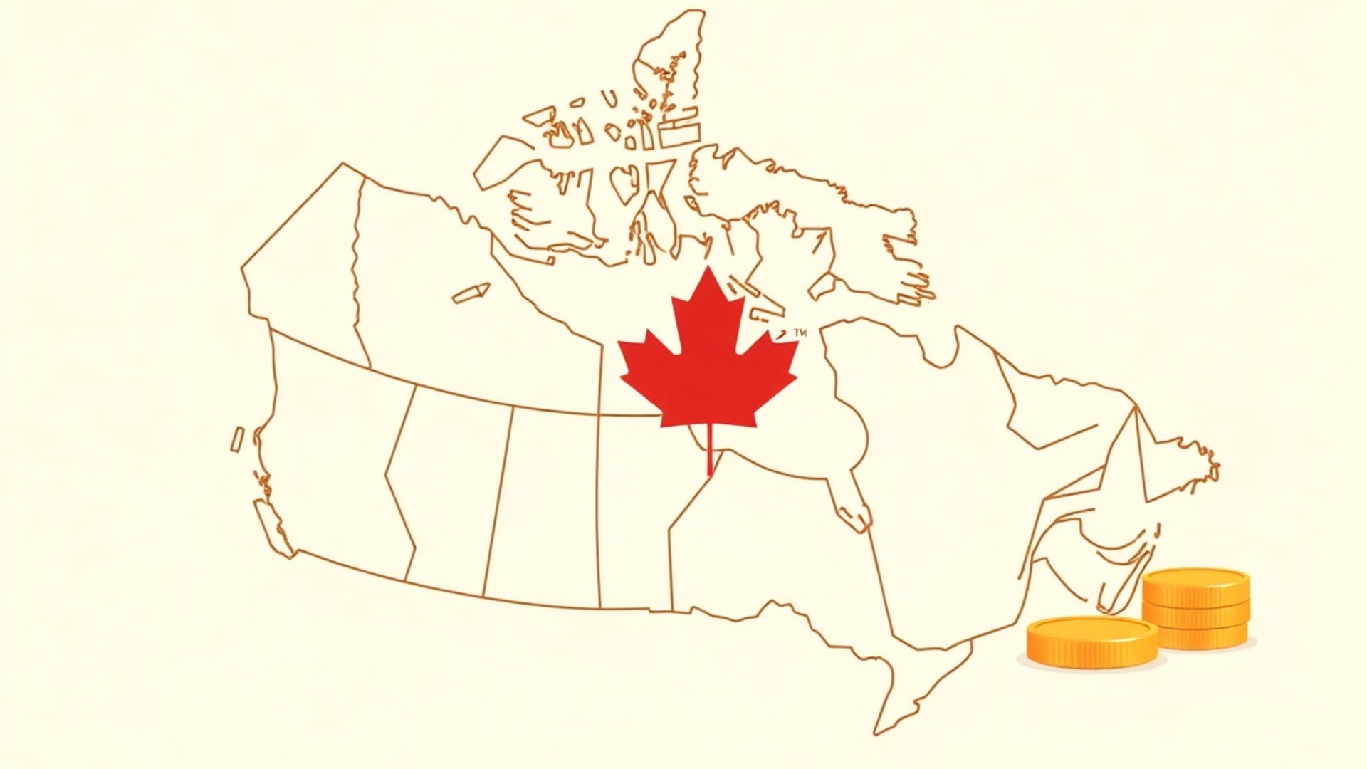 Illustration of a simplified outline map of Canada with a red maple leaf and a small stack of plain unmarked coins