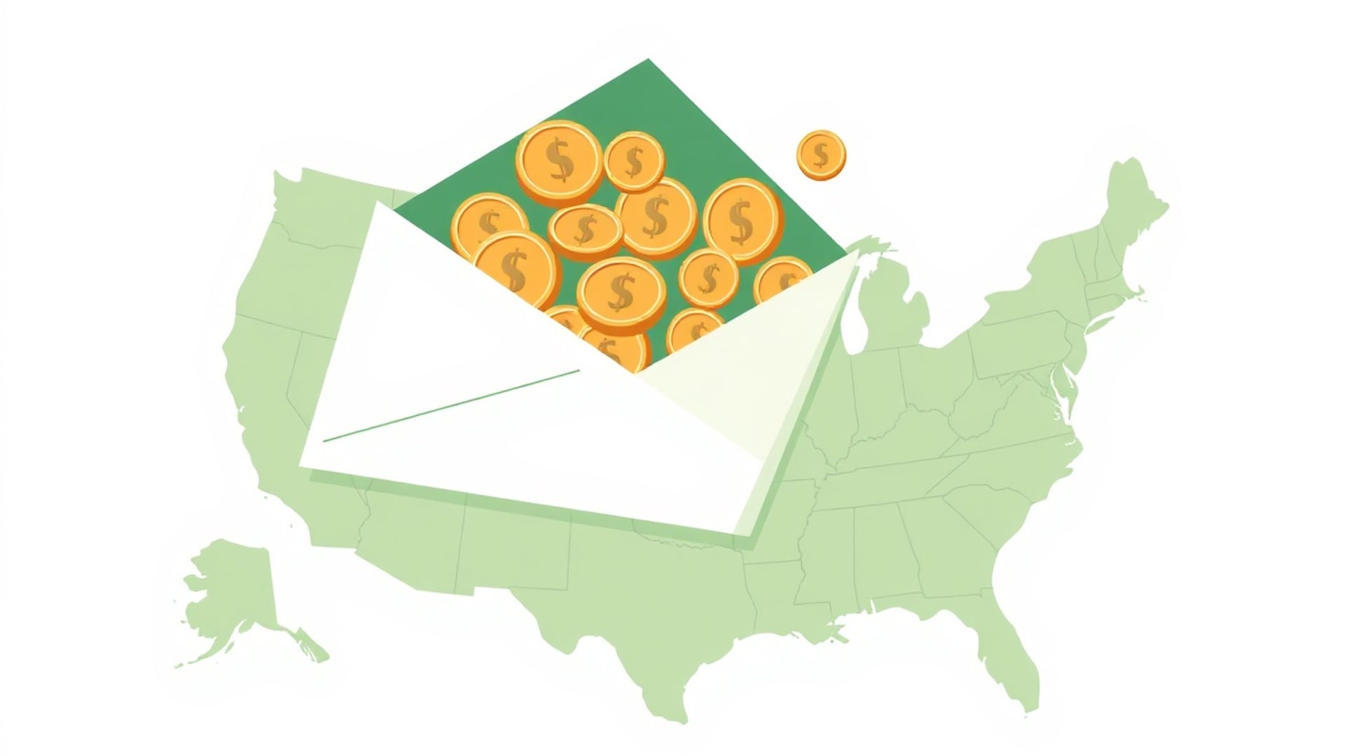 Illustration of a paycheck envelope opening over a stylised map of the United States, coins flowing to different regions
