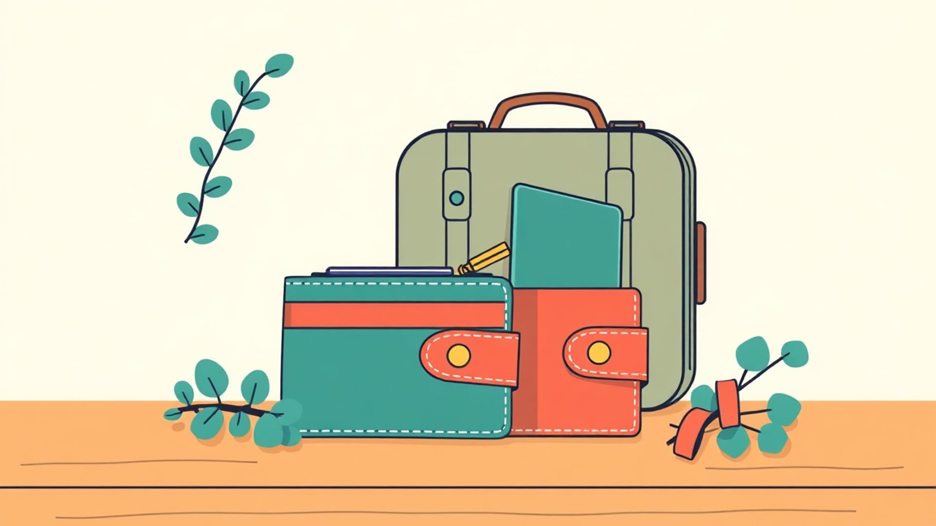 Illustration of two identical wallets on a table beside a small travel suitcase and a eucalyptus sprig