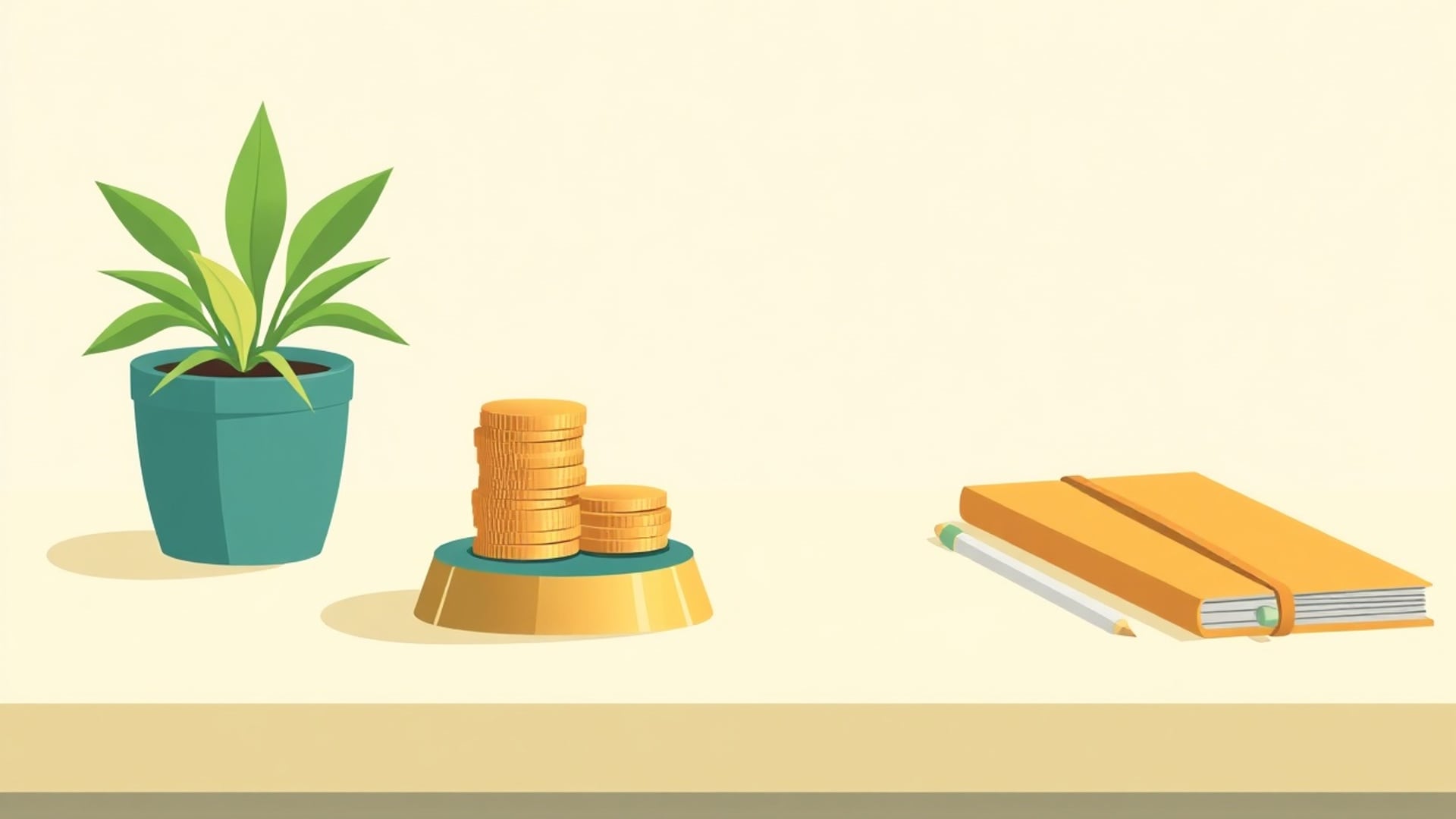 Illustration of a potted plant, a short stack of coins on a brass stand and a closed notebook on a desk
