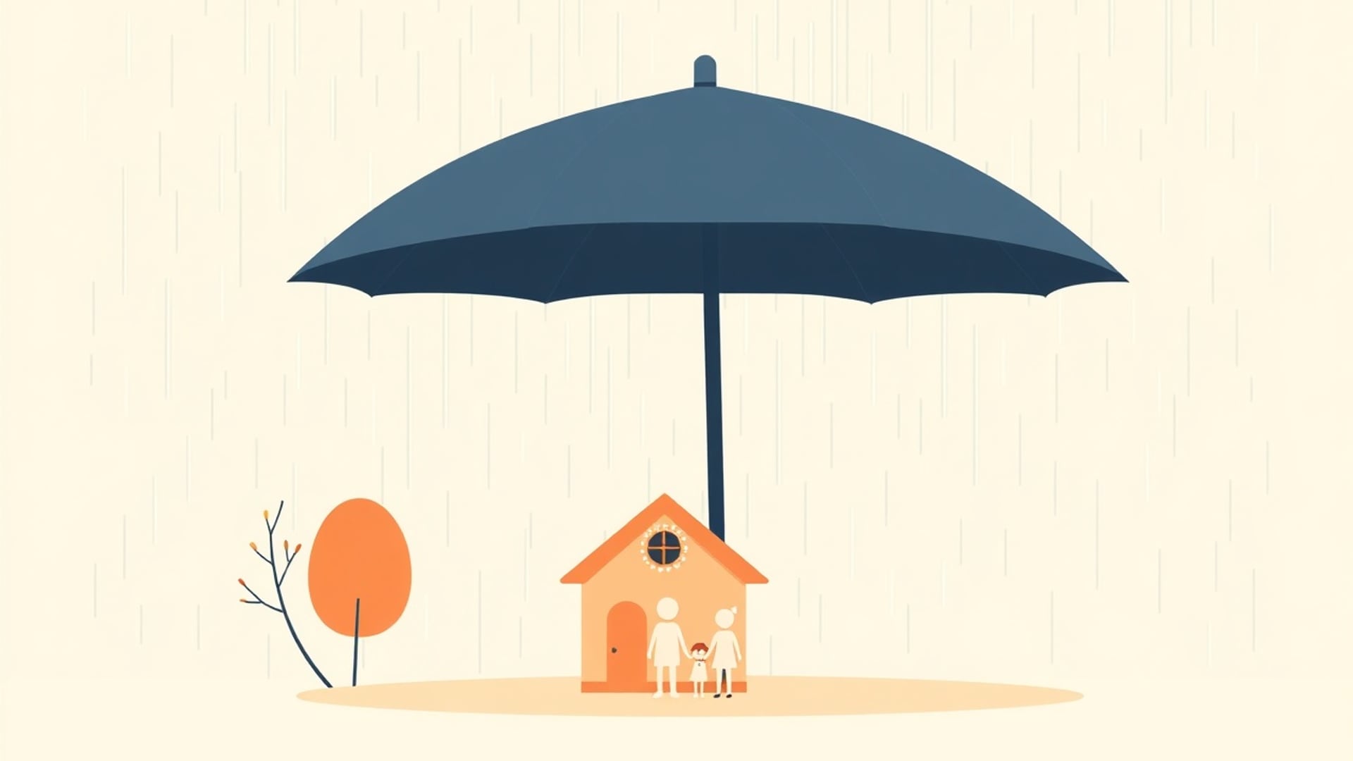 Illustration of a large umbrella sheltering a small house and a family of paper figures from rain