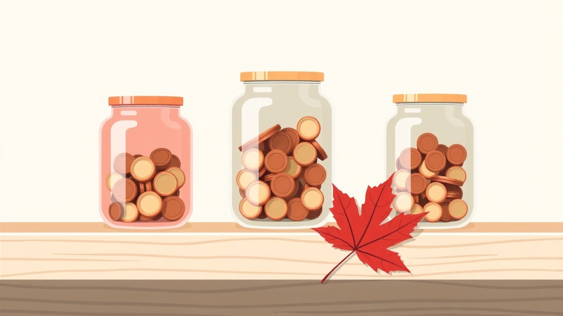 Illustration of three glass jars of different sizes on a wooden shelf, each partly filled with coins