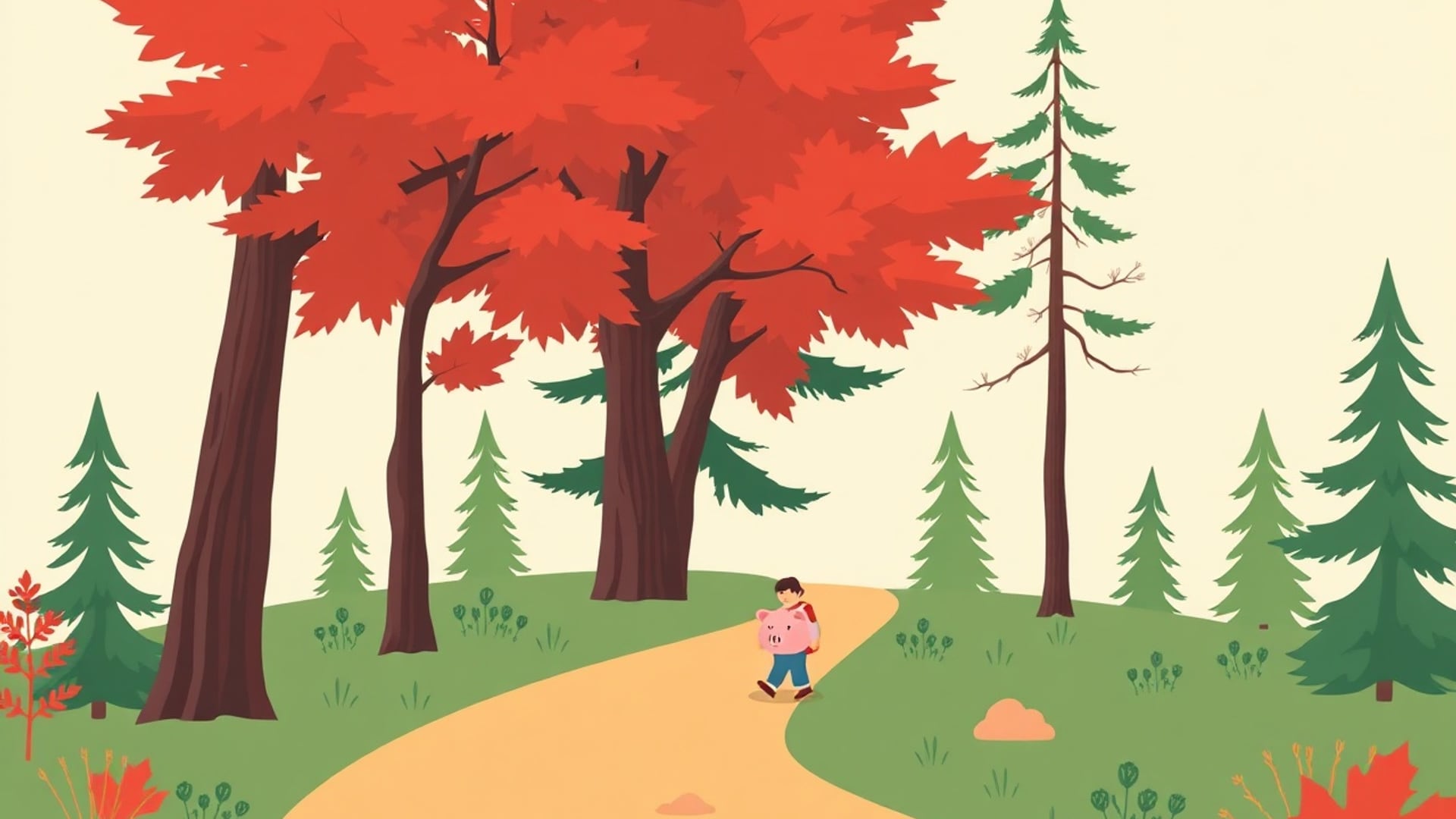 Illustration of a child carrying a piggy bank along a forest path between red maples and pines