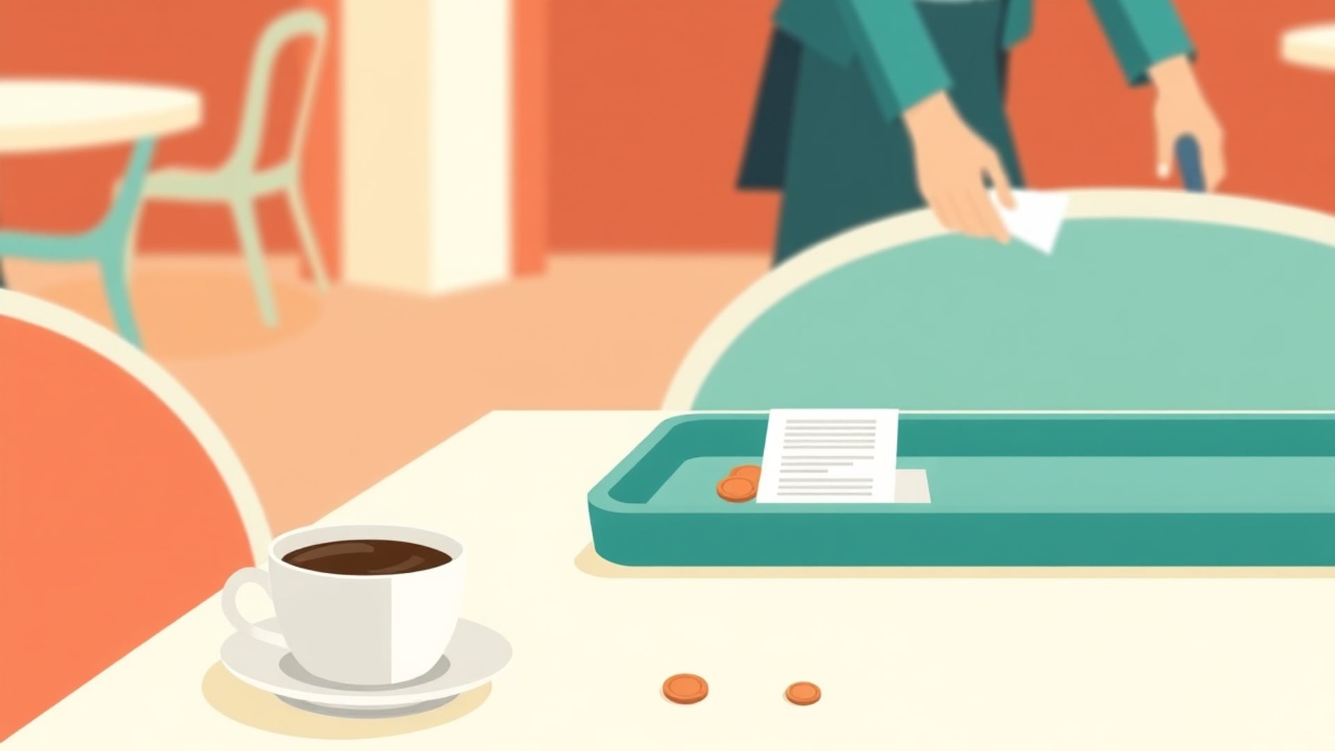 Illustration of a cafe table with a coffee cup, a bill tray and a few coins left for the server