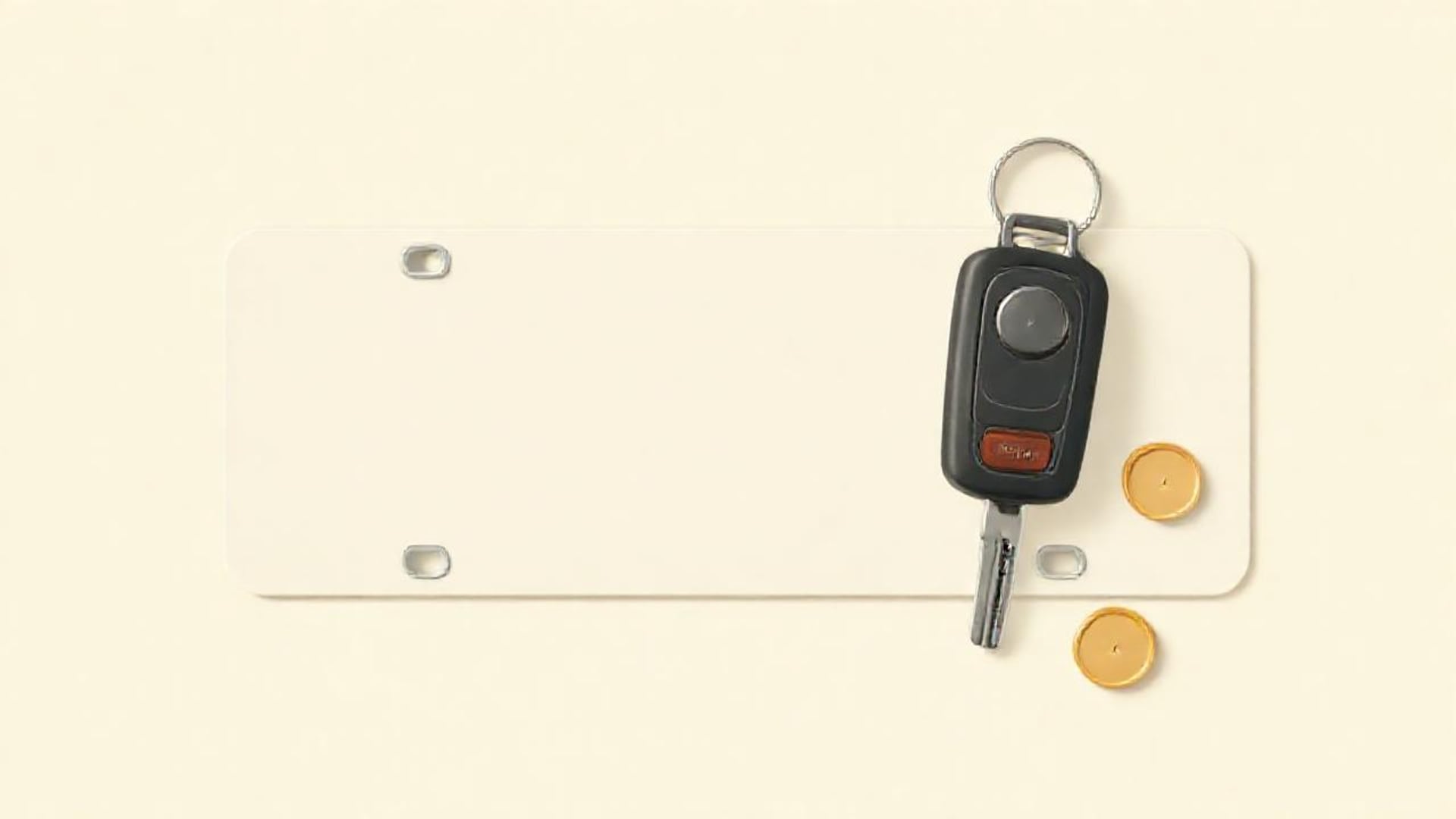 Illustration of a car key and two coins resting on a blank license plate