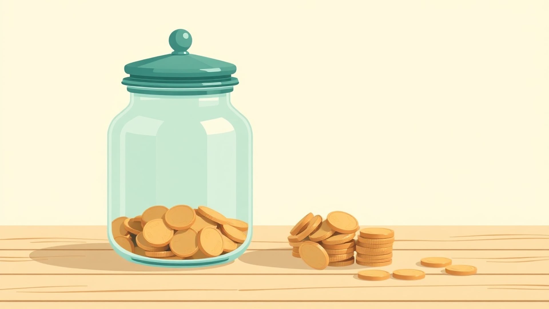 Illustration of a glass jar of gold coins on a wooden table with more coins stacked beside it