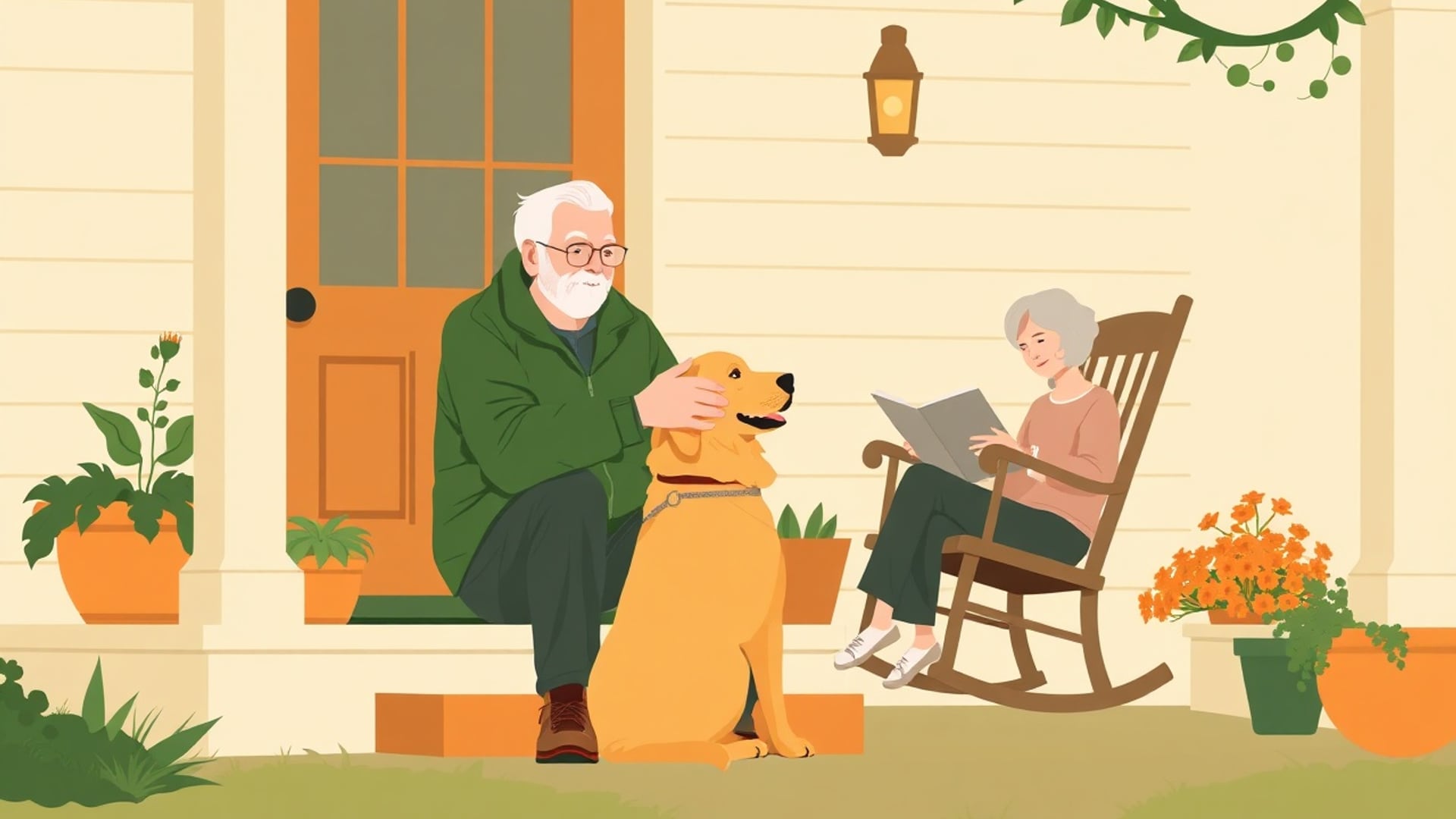 Illustration of an older man in a green jacket sitting on a front porch step with his arm around a golden retriever