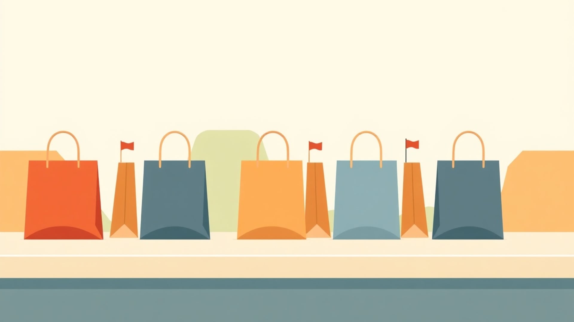 Illustration of shopping bags in a row on a long counter, each a slightly different size