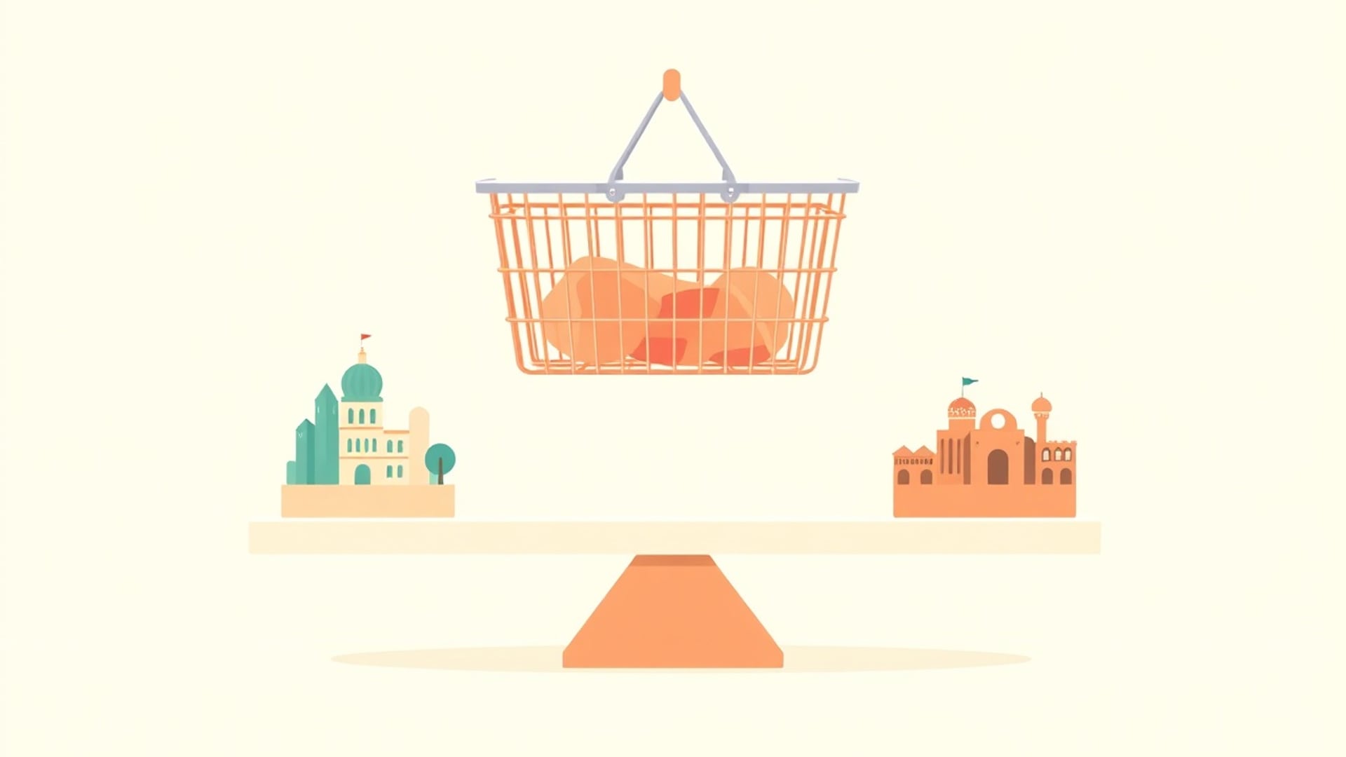 Illustration of a single shopping basket on a balance scale with small stylised landmarks from different continents