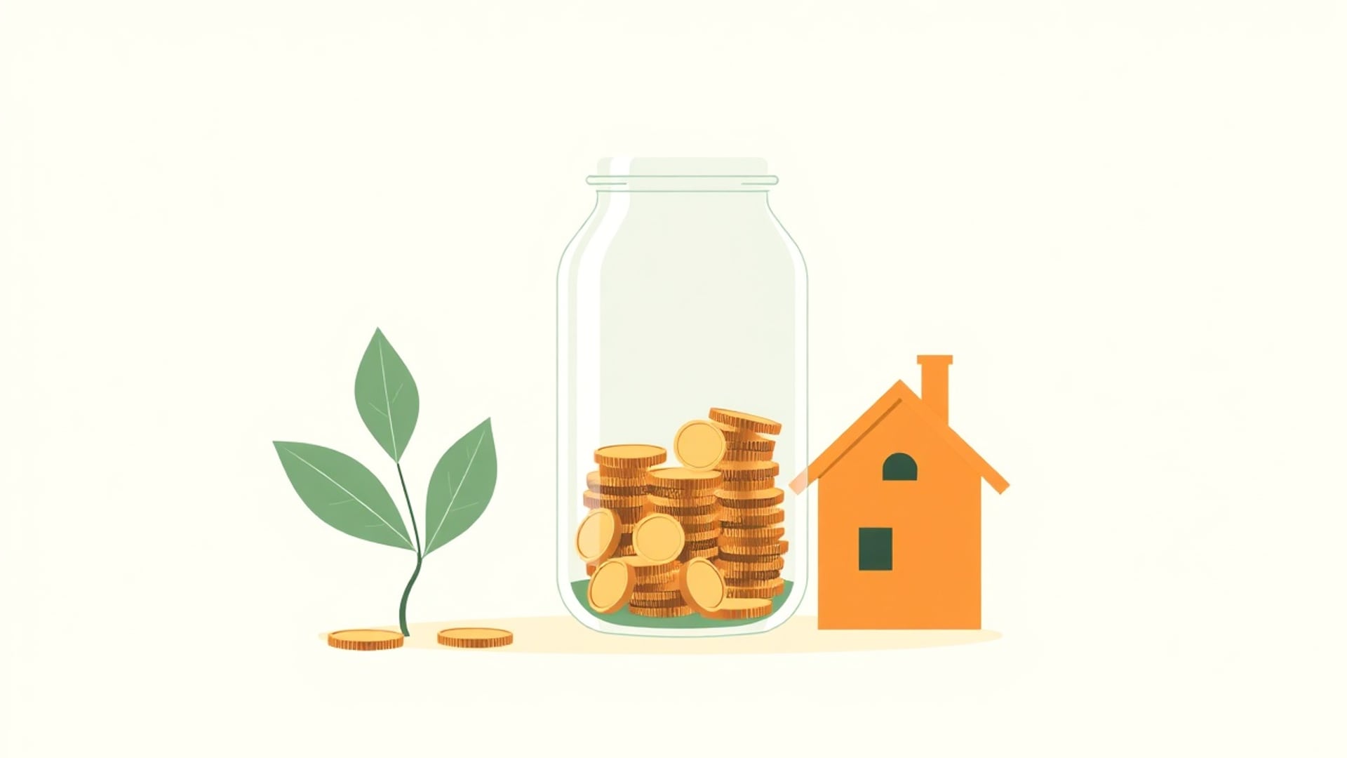 Illustration of a glass jar partly filled with coins beside a small house and a seedling
