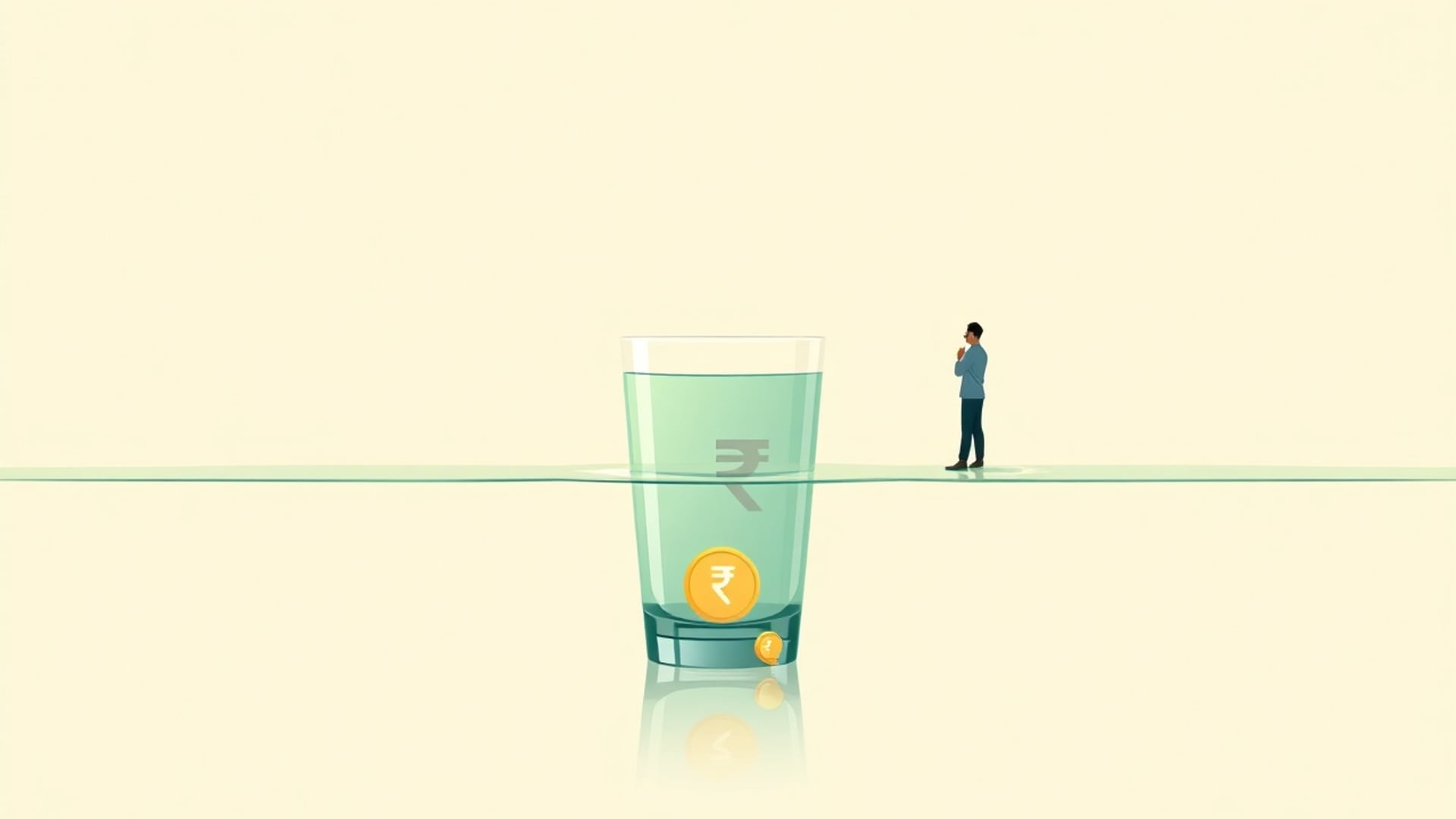 Illustration of a glass holding a rupee coin below a level waterline, a person standing on the line